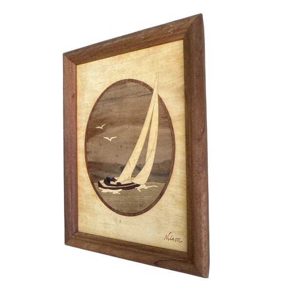 Hand Crafted Wood Inlay Sailboat Wall Hanging Art by Nelson Vintage - Picture 2 of 10